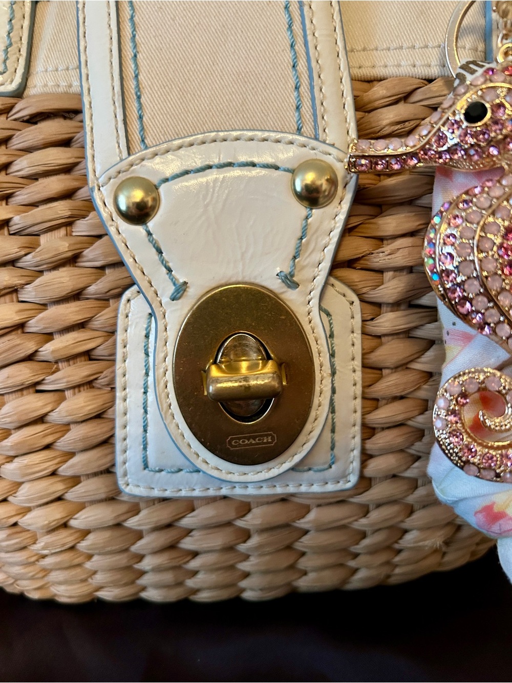 Coach Y2K wicker tote, with white trim and aqua blue stitch-ing. Purse Charm - Picture 2 of 10